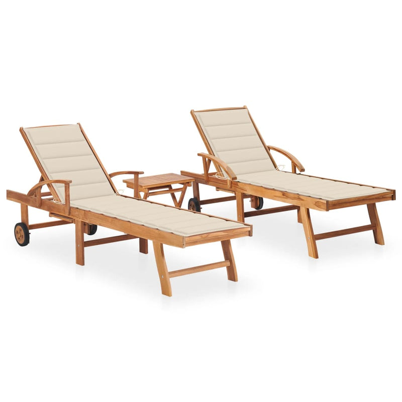 Sun Loungers 2 pcs with Table and Cushion Solid Teak Wood Payday Deals