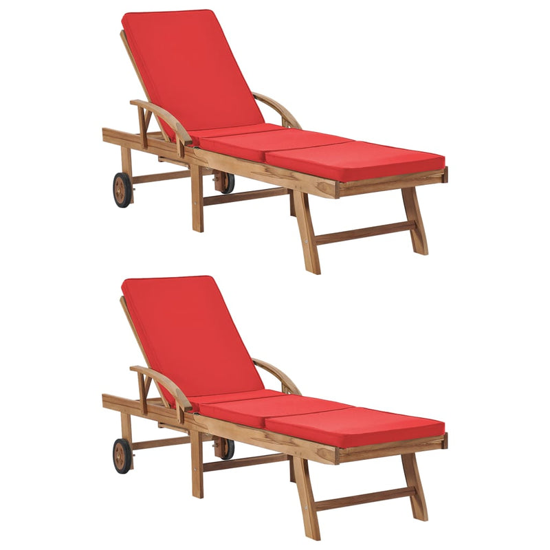 Sun Loungers with Cushions 2 pcs Solid Teak Wood Red Payday Deals