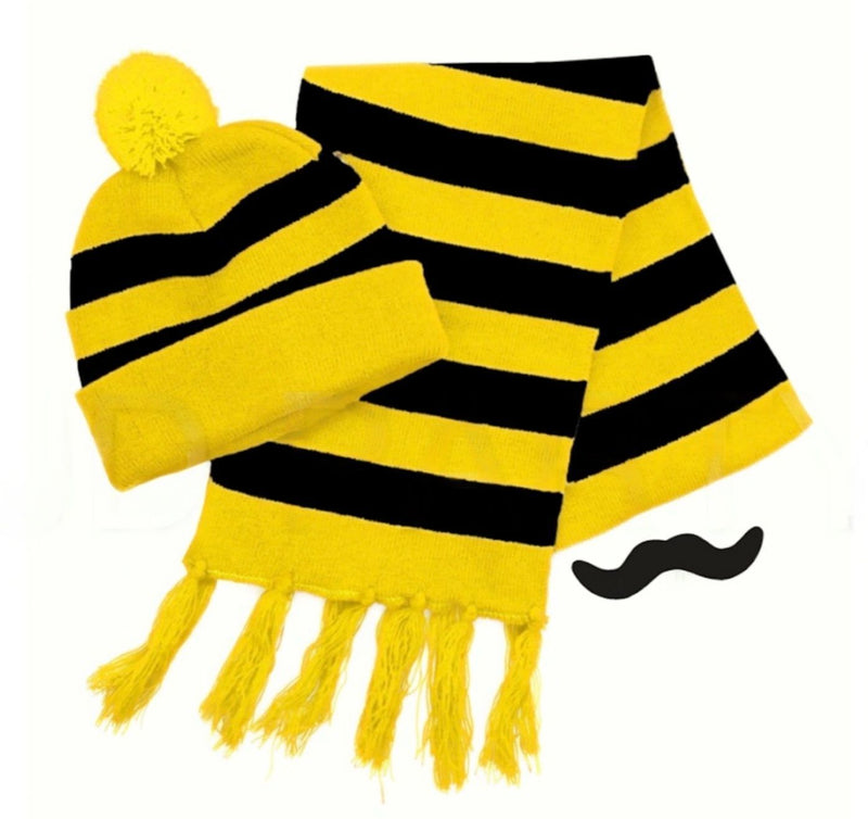 Tigers Beanie Hat & Scarf Set Party Costume w Moustache Warm Winter - Black/Yellow Stripe Payday Deals