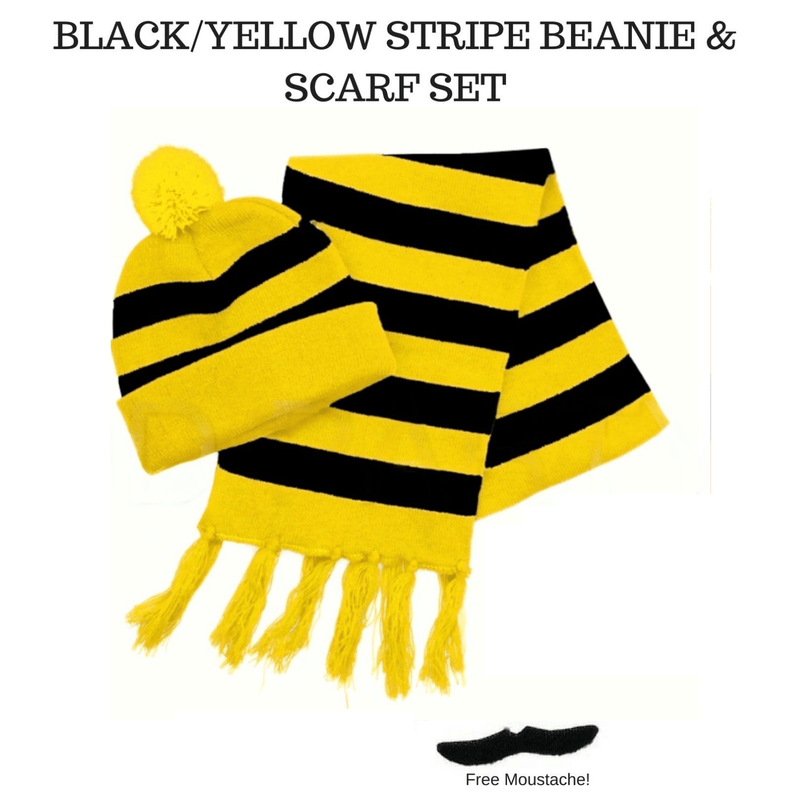 Tigers Beanie Hat & Scarf Set Party Costume w Moustache Warm Winter - Black/Yellow Stripe Payday Deals