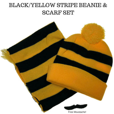 Tigers Beanie Hat & Scarf Set Party Costume w Moustache Warm Winter - Black/Yellow Stripe Payday Deals