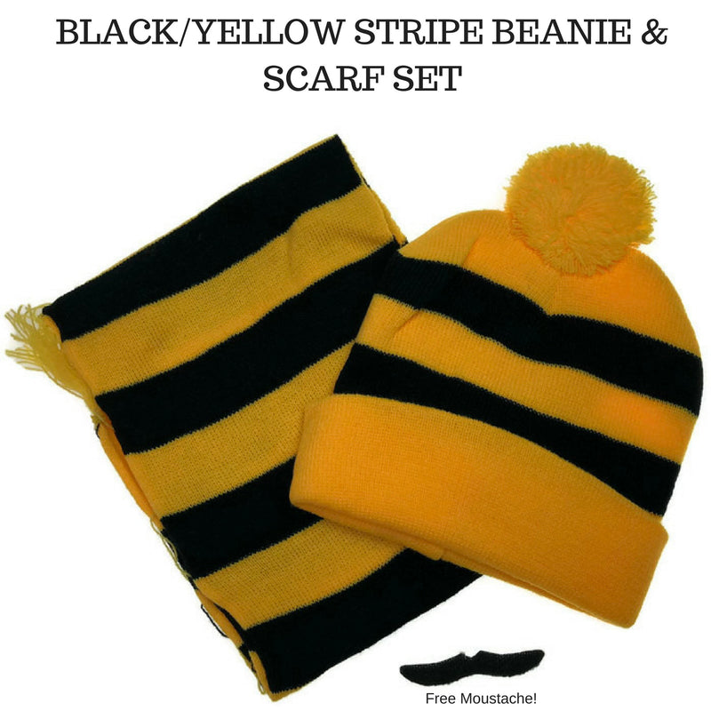 Tigers Beanie Hat & Scarf Set Party Costume w Moustache Warm Winter - Black/Yellow Stripe Payday Deals