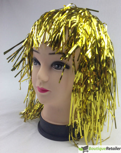 Tinsel Metallic Wig 70s 50s 20s Costume Mens Womens Unisex Disco Fancy Dress Up - Gold/Yellow Payday Deals