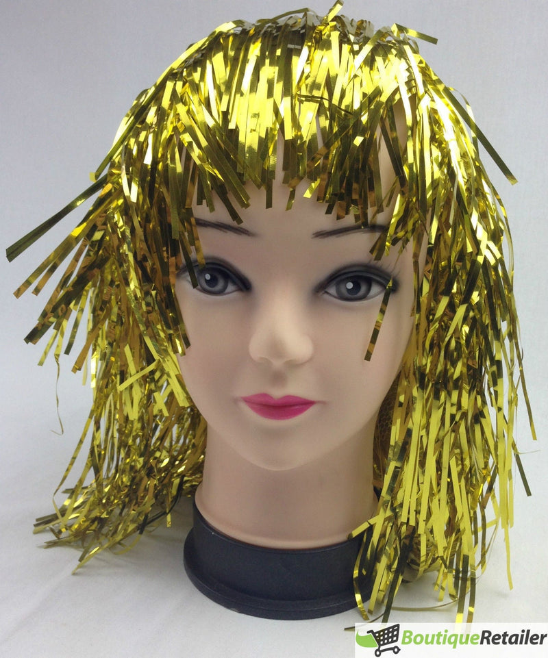 Tinsel Metallic Wig 70s 50s 20s Costume Mens Womens Unisex Disco Fancy Dress Up - Gold/Yellow Payday Deals