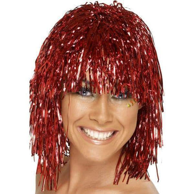 Tinsel Metallic Wig 70s 50s 20s Costume Mens Womens Unisex Disco Fancy Dress Up - Red Payday Deals