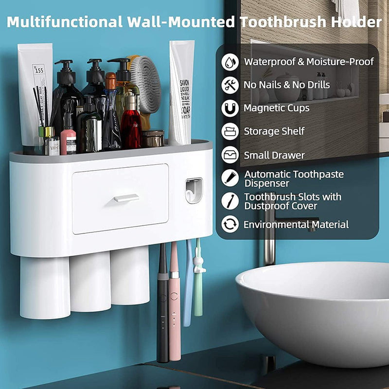 Toothbrush Holders with 3-4 Cups Automatic Toothpaste Dispenser Kit(3 Cups 1 Drawer) Payday Deals