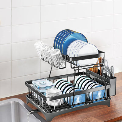 TOQUE Detachable Dish Drying Rack Cutlery Organizer Drainer Board  2 Tier Black Payday Deals