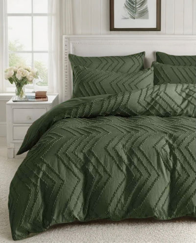 Tufted Boho Wave Jacquard Quilt Cover Set- Dark Green - Super King Size Payday Deals