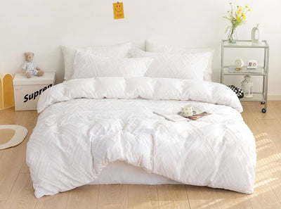 Tufted Diamond Jacquard King Size White Duvet Doona Quilt Cover Set Payday Deals