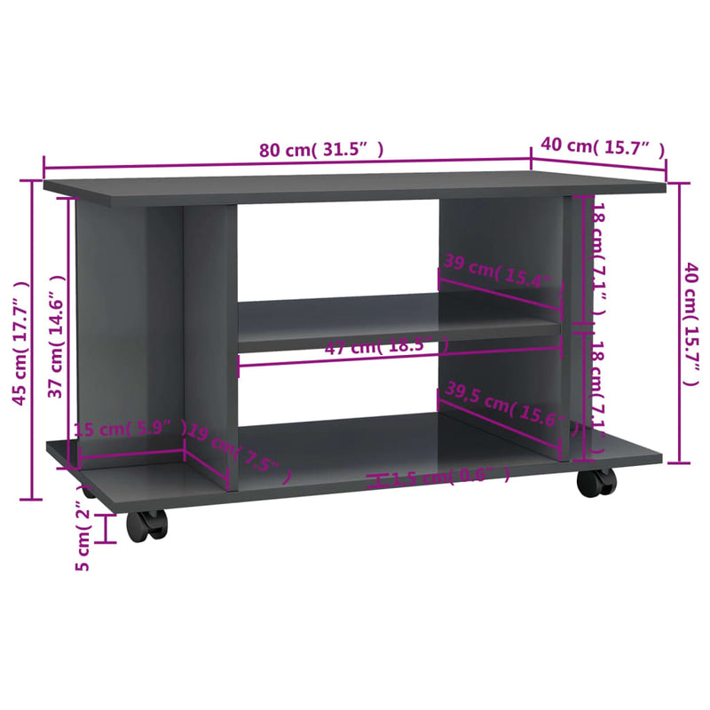 TV Cabinet with Castors High Gloss Grey 80x40x45 cm Engineered Wood Payday Deals