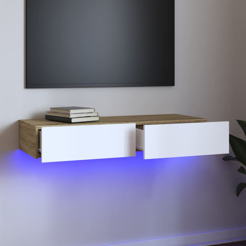 TV Cabinet with LED Lights White and Sonoma Oak 90x35x15.5 cm Payday Deals