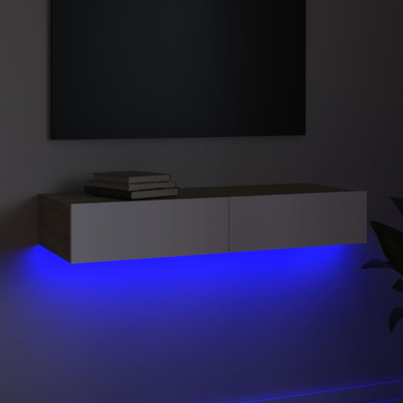 TV Cabinet with LED Lights White and Sonoma Oak 90x35x15.5 cm Payday Deals