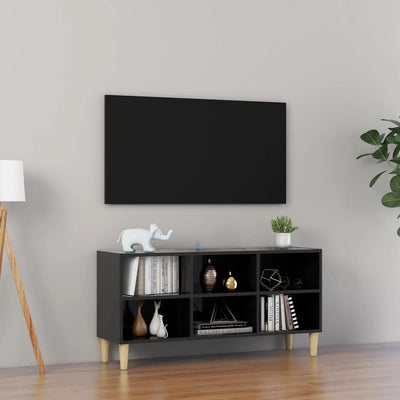 TV Cabinet with Solid Wood Legs High Gloss Black 103.5x30x50 cm