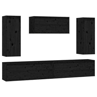 TV Cabinets 5 pcs Black Solid Wood Pine Payday Deals