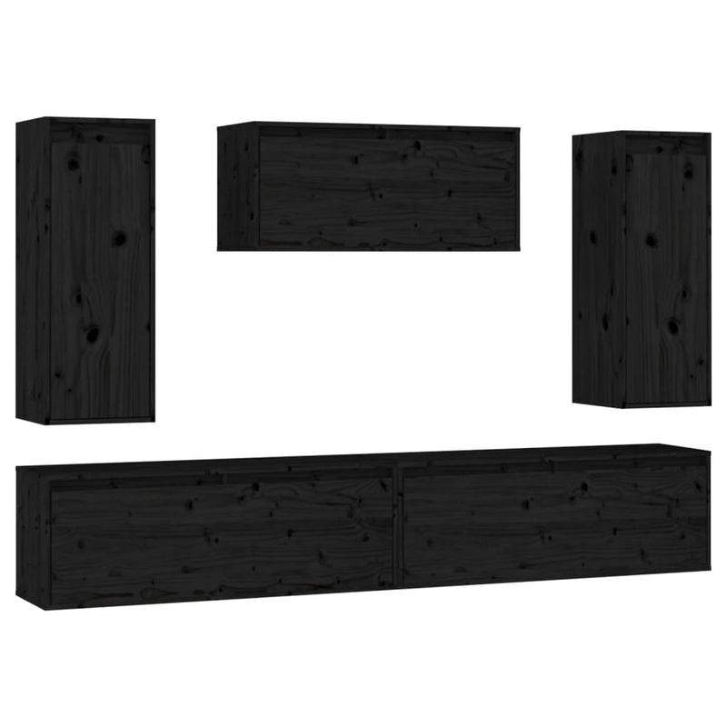 TV Cabinets 5 pcs Black Solid Wood Pine Payday Deals