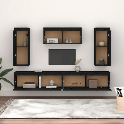 TV Cabinets 5 pcs Black Solid Wood Pine Payday Deals