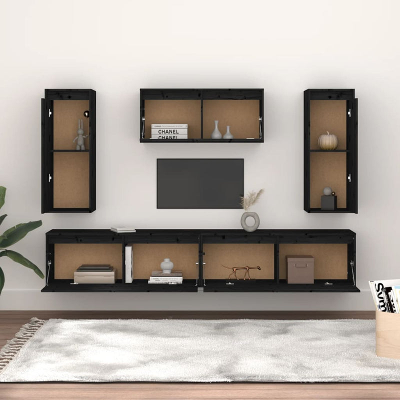 TV Cabinets 5 pcs Black Solid Wood Pine Payday Deals