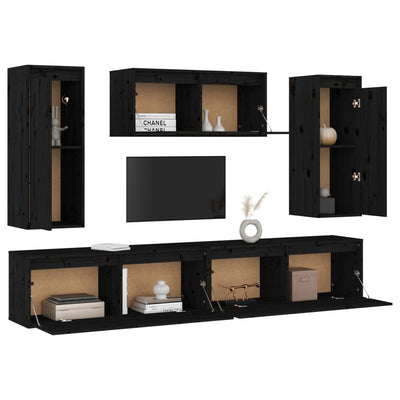TV Cabinets 5 pcs Black Solid Wood Pine Payday Deals
