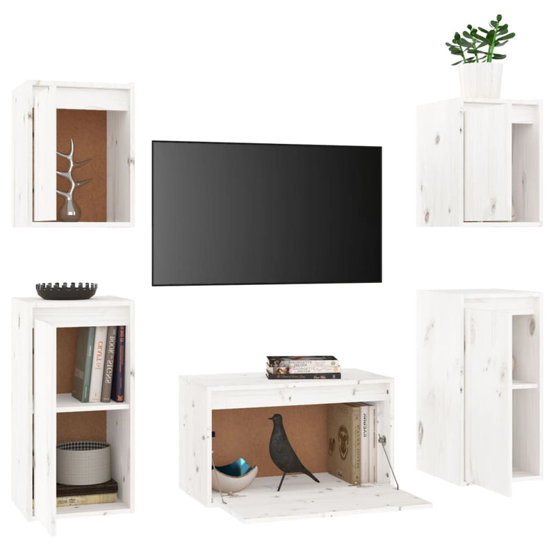 TV Cabinets 5 pcs White Solid Wood Pine Payday Deals