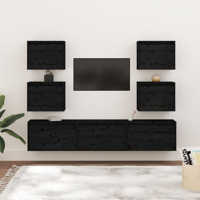 TV Cabinets 7 pcs Black Solid Wood Pine