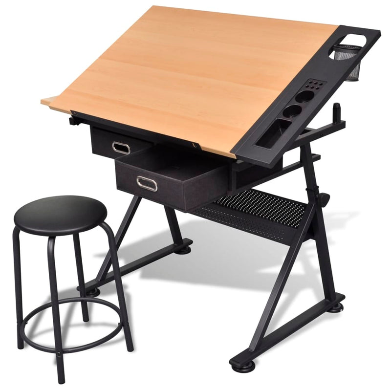 Two Drawers Tiltable Tabletop Drawing Table with Stool Payday Deals