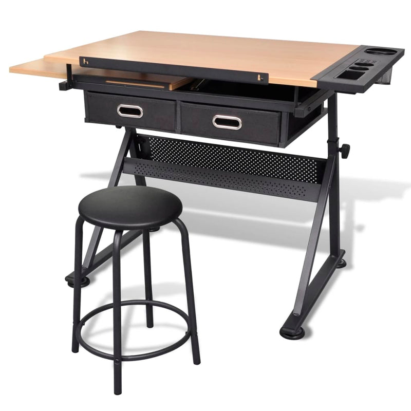 Two Drawers Tiltable Tabletop Drawing Table with Stool Payday Deals