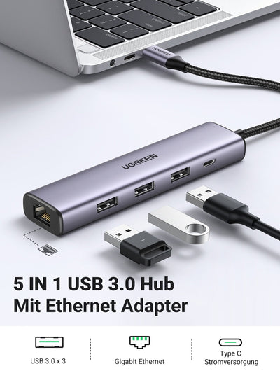 UGREEN 60554 USB 3.0 to Ethernet Adapter 5 in 1 Multiport Hub with Gigabit RJ45 Payday Deals