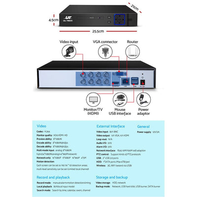 UL-TECH 8CH 5 IN 1 DVR CCTV Security System Video Recorder /w 4 Cameras 1080P HDMI Black Payday Deals