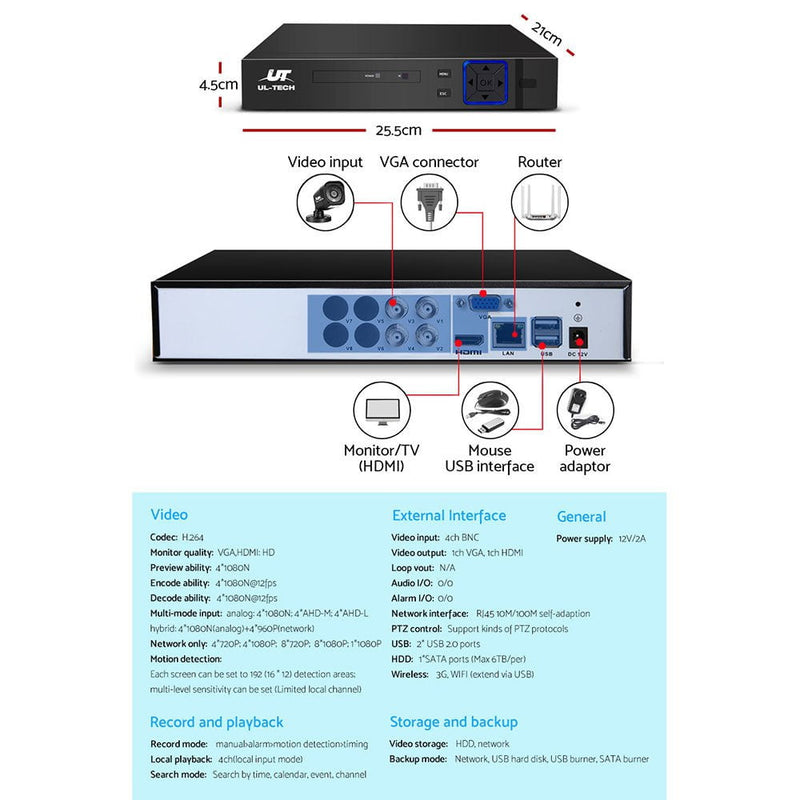 UL-tech Home CCTV Security System Camera 4CH DVR 1080P 1500TVL 1TB Outdoor Home Payday Deals