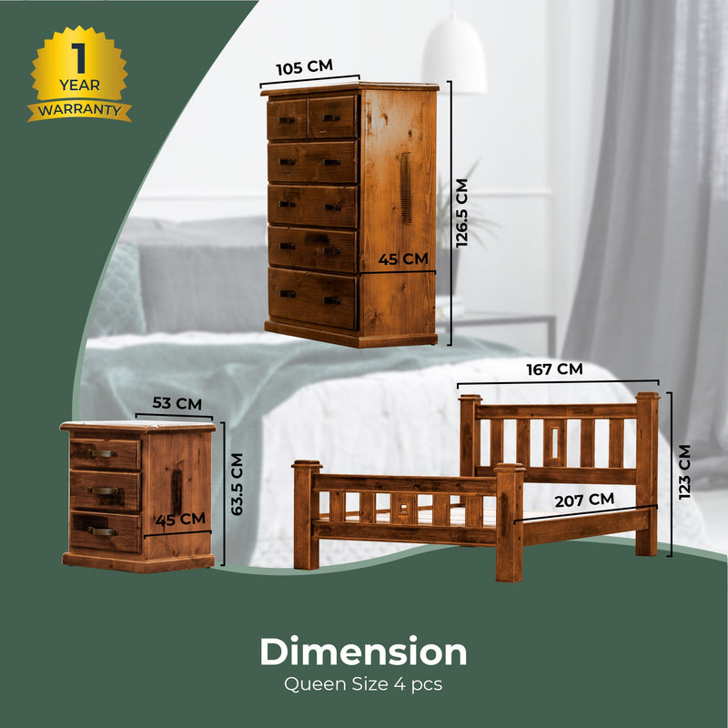 Umber 4pc Queen Bed Frame Suite Bedside Tallboy Furniture Package - Dark Brown Payday Deals