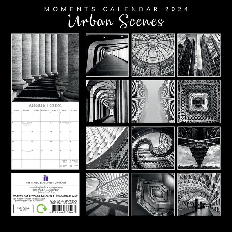 Urban Scenes - 2024 Square Wall Calendar 16 Months Black & White Planner Gift Payday Deals