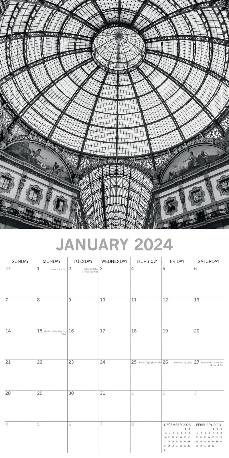 Urban Scenes - 2024 Square Wall Calendar 16 Months Black & White Planner Gift Payday Deals