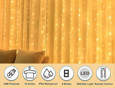 USB Powered 300 LED Curtain String Light with 8 Modes and Remote Control for Bedroom Party Wedding Decorations Payday Deals