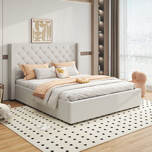 Veronica Bed Frame Queen Size Winged Grey Linen Fabric Seam Grid Pattern with gas lift plywood metal structure Payday Deals