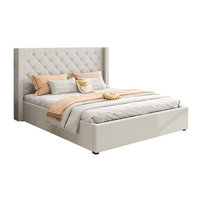 Veronica Bed Frame Queen Size Winged Grey Linen Fabric Seam Grid Pattern with gas lift plywood metal structure Payday Deals