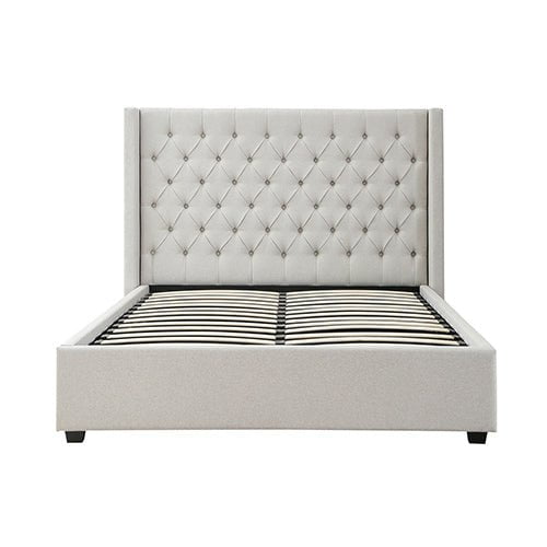 Veronica Bed Frame Queen Size Winged Grey Linen Fabric Seam Grid Pattern with gas lift plywood metal structure Payday Deals