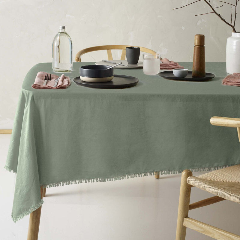 Vintage Design Homewares Gypsy Green Fringed Washed Linen Cotton Tablecloth 130cm x 180cm Payday Deals