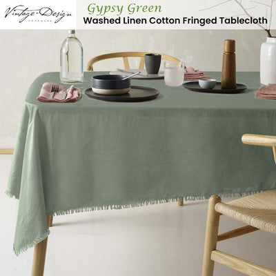 Vintage Design Homewares Gypsy Green Fringed Washed Linen Cotton Tablecloth 130cm x 180cm Payday Deals