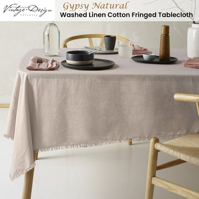 Vintage Design Homewares Gypsy Natural Fringed Washed Linen Cotton Tablecloth 130cm x 180cm Payday Deals