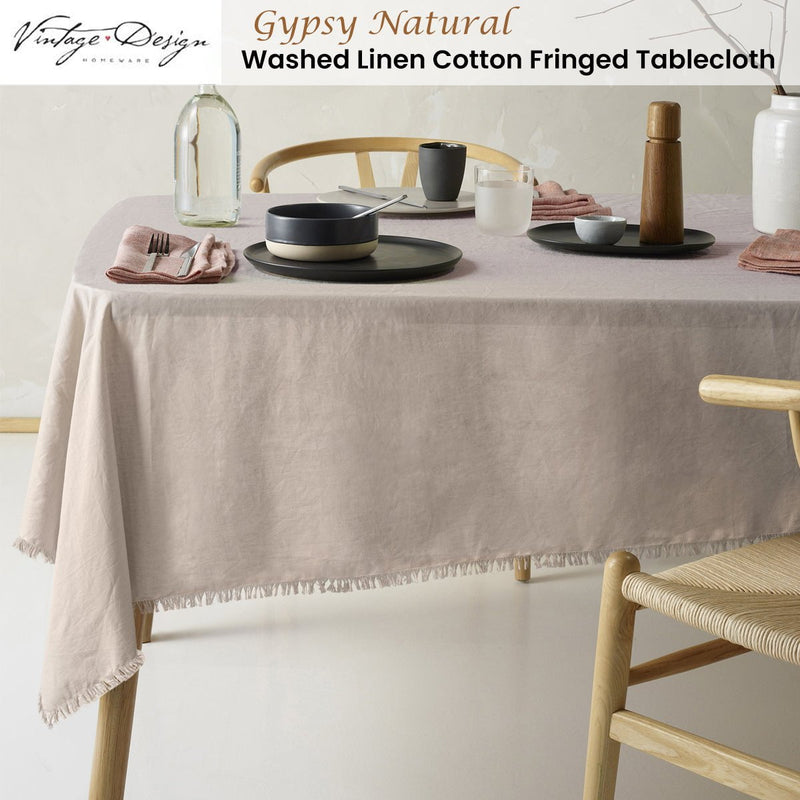 Vintage Design Homewares Gypsy Natural Fringed Washed Linen Cotton Tablecloth 150cm x 275cm Payday Deals