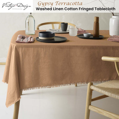 Vintage Design Homewares Gypsy Terracotta Fringed Washed Linen Cotton Tablecloth 130cm x 180cm Payday Deals