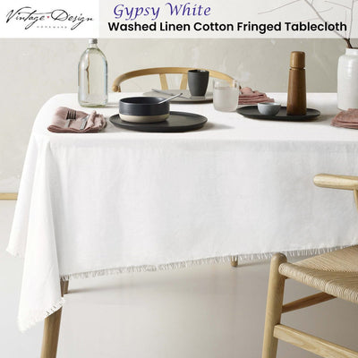 Vintage Design Homewares Gypsy White Fringed Washed Linen Cotton Tablecloth 130cm x 180cm Payday Deals