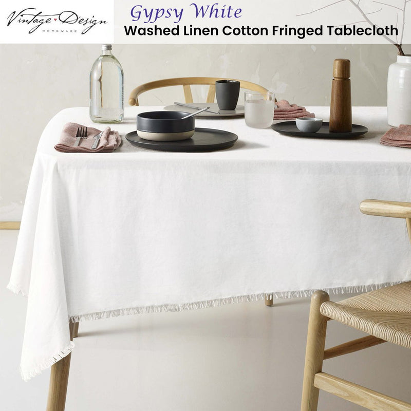 Vintage Design Homewares Gypsy White Fringed Washed Linen Cotton Tablecloth 130cm x 180cm Payday Deals