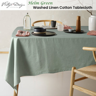 Vintage Design Homewares Helm Green Washed Linen Cotton Tablecloth 130cm x 180cm Payday Deals