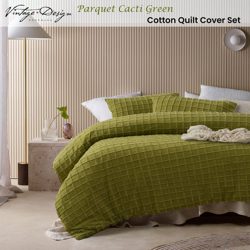 Vintage Design Homewares Parquet Cacti Green Cotton Quilt Cover Set King Payday Deals