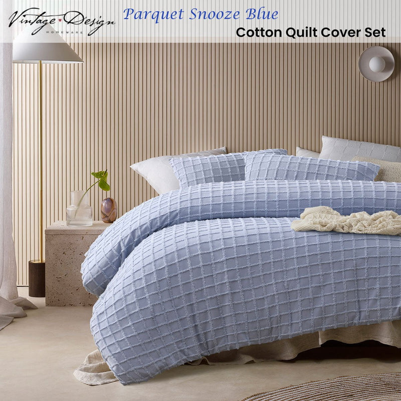 Vintage Design Homewares Parquet Snooze Blue Cotton Quilt Cover Set King Payday Deals