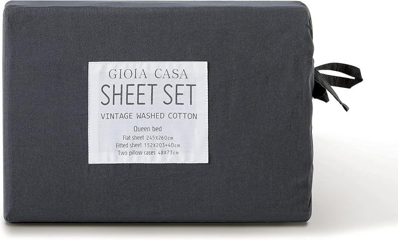 Vintage Washed 100% Cotton Sheet Set with 2 Pillowcases - Charcol - King Single Payday Deals