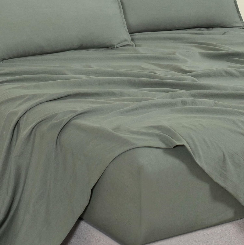 Vintage Washed Microfibre Sheet Set with 1 Pillowcase - Khaki Green - King Single Payday Deals