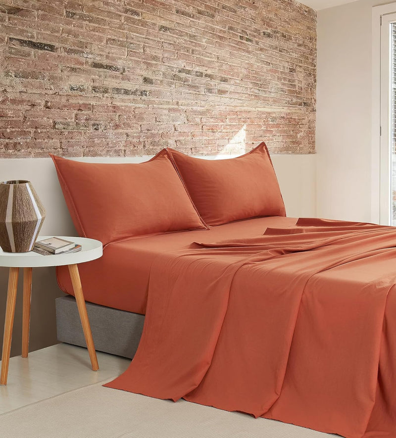 Vintage Washed Microfibre Sheet Set with 1 Pillowcase - Terracotta - King Single Payday Deals