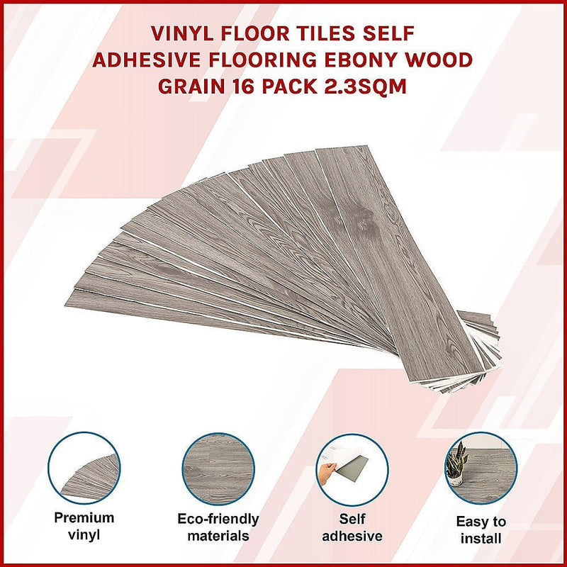 Vinyl Floor Tiles Self Adhesive Flooring Ebony Wood Grain 16 Pack 2.3SQM Payday Deals